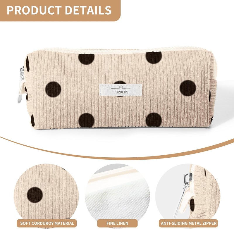 Purbert Pencil Bag Pen Case, Soft Corduroy Small Pencil Pouch Organizer with Zipper, Cute Pencil Case Pouch Stationery for Girls and Boys – Dot Beige - Image 4